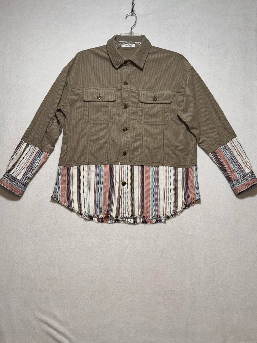 Bailey Khaki Corduroy Shacket Jacket with Striped Hem Boho Western Women Sz M